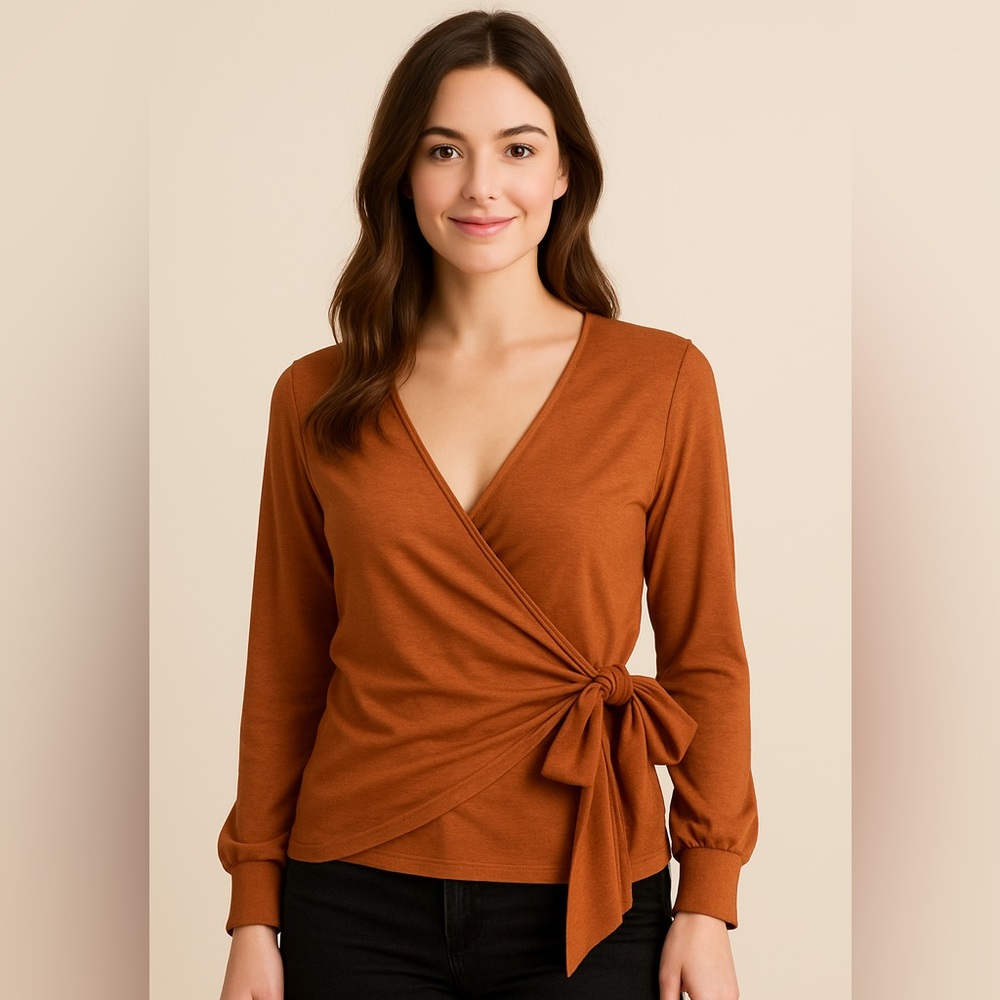 Elegant Rust Wrap Blouse